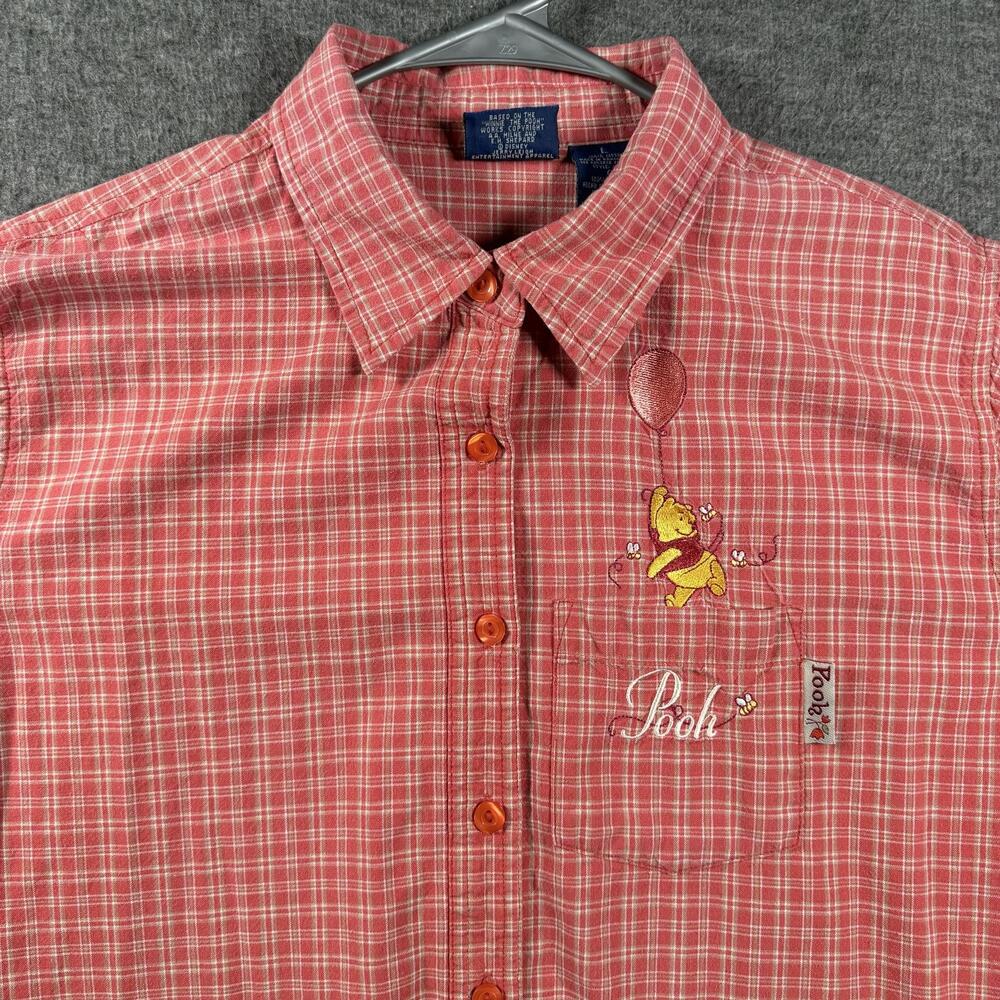 Pooh Shirt Womens Large Red Plaid Winnie The Pooh Balloon Button Up Disney Top